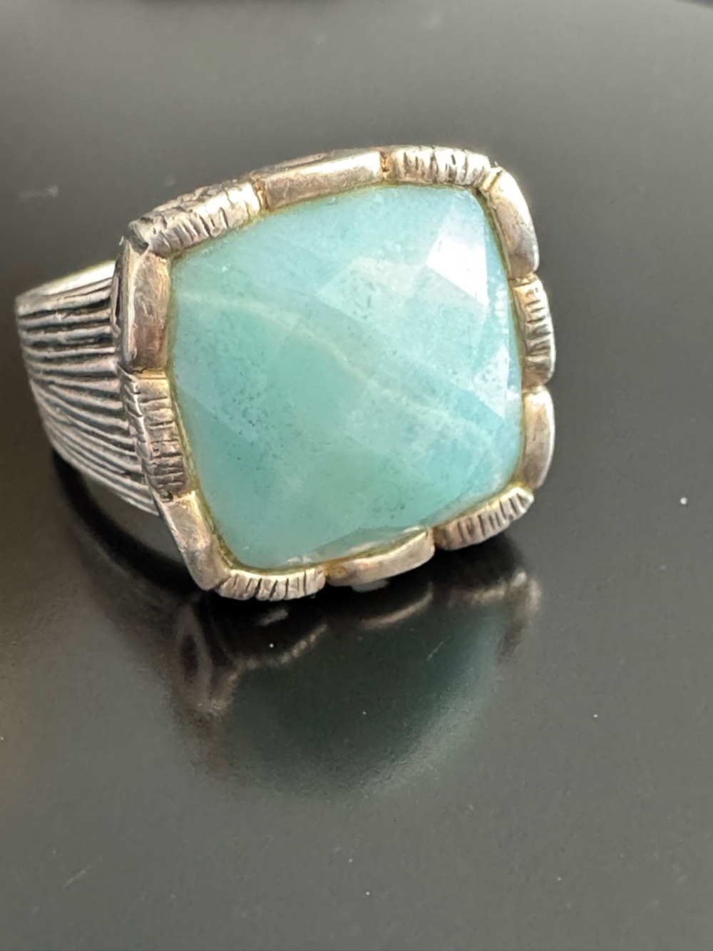 Statement Larimar Ring in Sterling Silver – Faceted Ocean Blue Stone